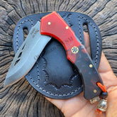 Cuchillo plegable de acero N690 con mango rojo y negro de epoxi, para acampar, 8 pulgadas